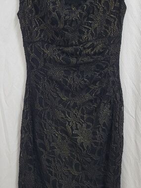 Ralph Lauren Black Lace Midi Dress with Gold Threading